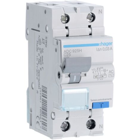 Magnétothermique Différentiel Hager 1P+N 25A 6kA 30mA courbe C type AC 2M ADC925H