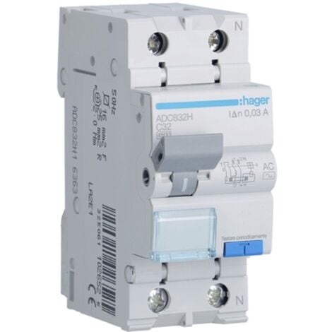 Interrupteur différentiel magnétothermique Hager 1P+N 30MA 32A ADC832H
