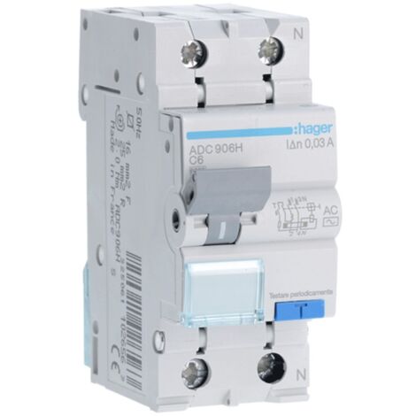 Magnétothermique Différentiel Hager 1P+N 6A 6kA 30mA courbe C type AC 2M ADC906H