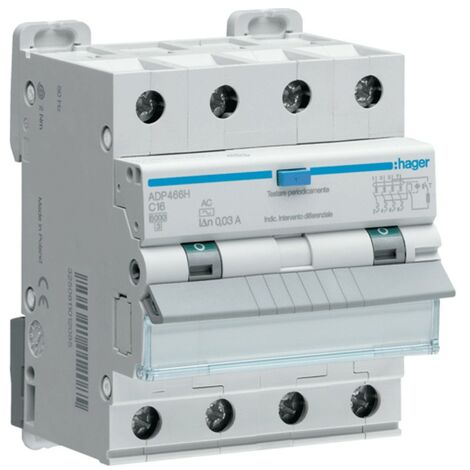 Magnétothermique Différentiel Hager 4P 16A 6kA 30mA courbe C Type AC 4M ADP466H
