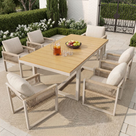 Magnifique ensemble de 7 pièces pour jardin : 1 table + 6 chaises, ensemble de mobilier d'extérieur, en corde tressée avec coussins