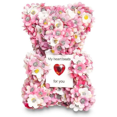 Magnifique ours décoratif en fleurs artificielles lumineuses, parfait pour anniversaires et propositions romantiques.