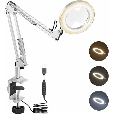 NOEVSBIG LED Magnifying Glass Desk Lamp with Clamp,3 Color Modes 10 Levels  Dimmable Adjustable Swivel Arm for Reading Rework Craft Workbench