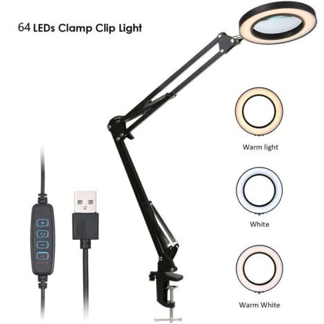 Magnifying Glass with Clip, LED, 5x Magnification, Adjustable Brightness, Dimmable, 3 Colors, Temperature Change, USB Powered Desk Lamp with Flexible Stand