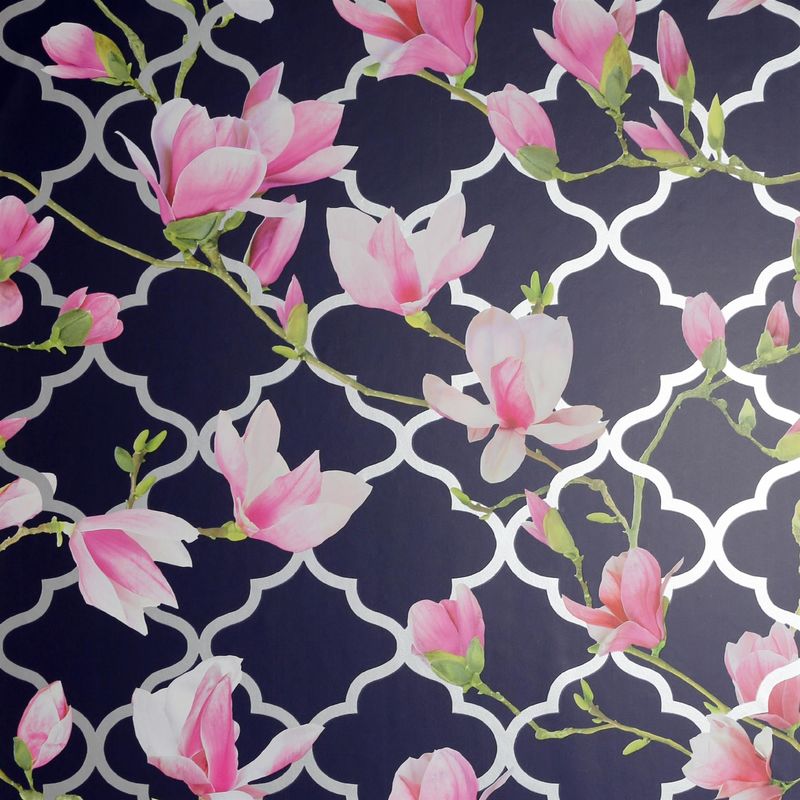 Arthouse - Magnolia Trellis Navy Blue Pink Floral Metallic Silver Wallpaper 908001