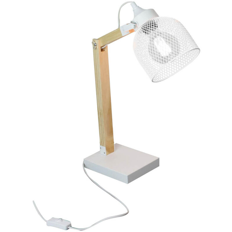 Mago - Lampe à Poser Orientable en Pin Abat-Jour Grillage Métal Blanc