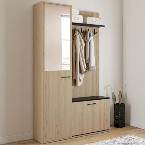 IDMARKET MAHAUT Armario zapatero de pasillo de 1 puerta efecto madera y negro con espejo y estantes