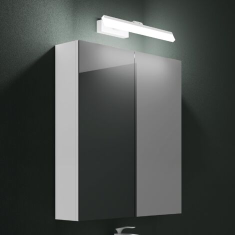 Mai & Mai Armadietto a Specchio 60x15x70cm con Lampada da Specchio LED per Bagno 40cm, 9W 6000K, Specchiera Bagno Mobilettto da Parete Bianco con 2 Ante e Applique Specchio Bianco, Spiegelschrank 02