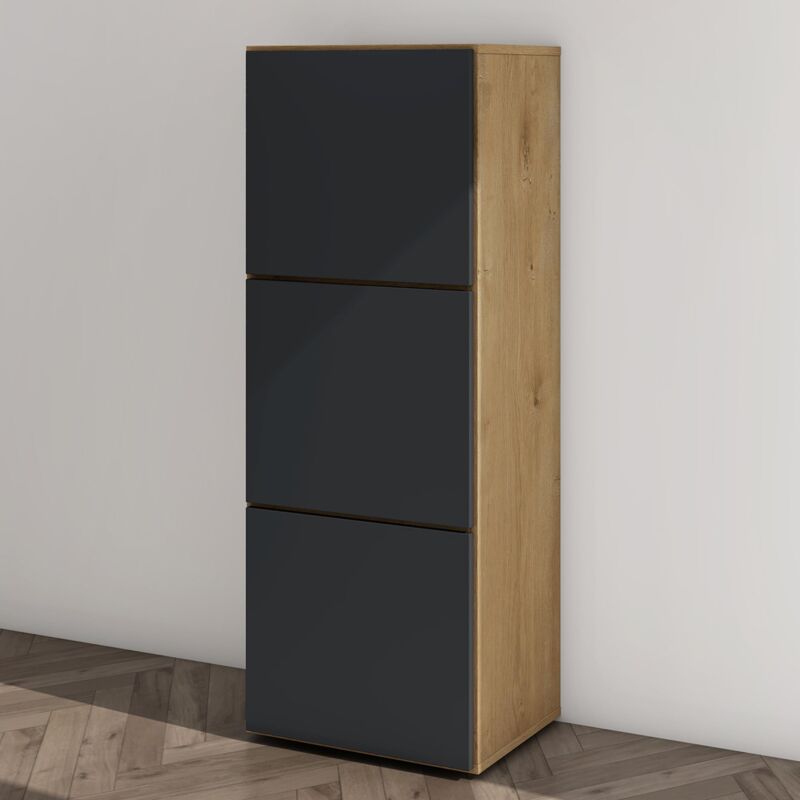 Mai&mai - Armoire à Chaussures Commode à Chaussures Entrée avec 3 Compartiments Meuble de Rangement Chaussure Marron Clair + Gris Noir Mat 45x36x120