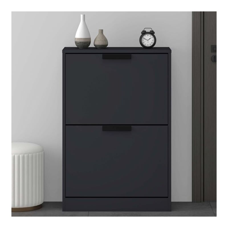 Mai&mai - Armoire à Chaussures Meuble de Rangement à Chaussure à 2 Tiroirs Commode à Chaussures Entrée Gris Noir Mat 60x28x89 cm ACH1