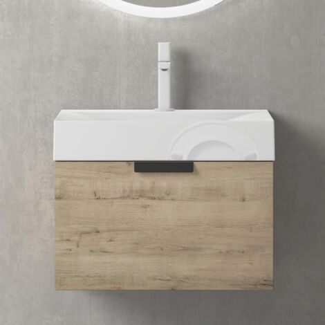 Mai & Mai Badmöbel-Set BxH 60x45cm in Eiche Greige mit Soft-Close Schublade Wandmontage inkl. Waschbecken und LED-Spiegel Lonato