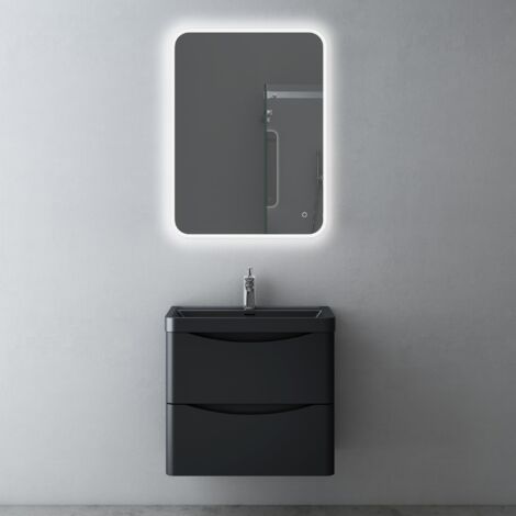 Mai & Mai Badmöbel set Waschtisch mit Unterschrank Waschbeckenunterschrank mit Softclose Schubladen inkl. Waschbecken LED-Badspiegel 60cm in Matt Schwarz Smile
