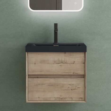 Mai & Mai Badmöbelset Badezimmermöbel Waschbeckenunterschrank 2 Schubladen mit Soft-Close inkl. Anthrazit Waschbecken aus Mineralguss Eiche Greige 60 cm Rimo