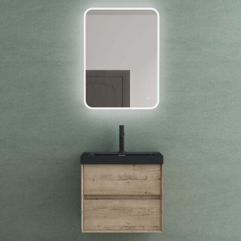 Mai & Mai Badmöbelset Badezimmermöbel Waschbeckenunterschrank 2 Schubladen mit Soft-Close inkl. Anthrazit Waschbecken aus Mineralguss und LED-Badspiegel Eiche Greige 60 cm Rimo