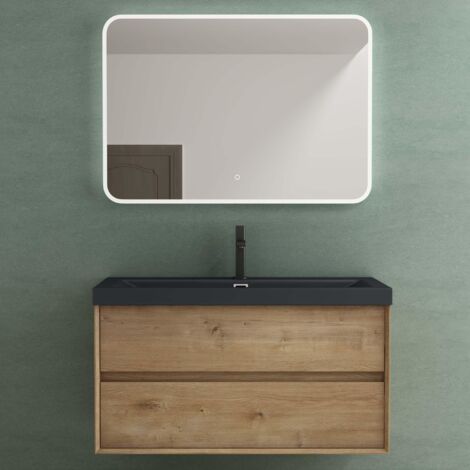 Mai & Mai Badmöbelset Badezimmermöbel Waschbeckenunterschrank 2 Schubladen mit Soft-Close inkl. Anthrazit Waschbecken aus Mineralguss und LED-Badspiegel Kerneiche 100 cm Rimo