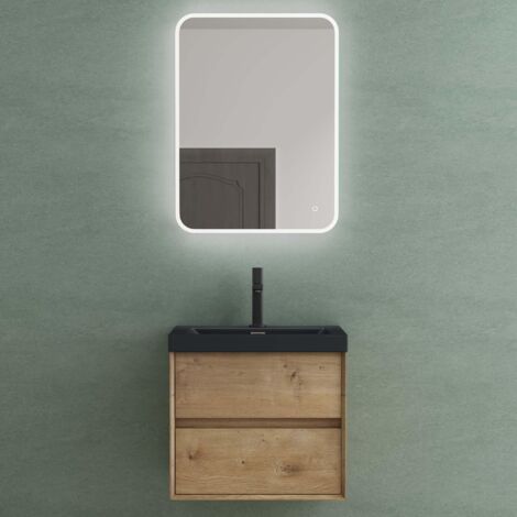 Mai & Mai Badmöbelset Badezimmermöbel Waschbeckenunterschrank 2 Schubladen mit Soft-Close inkl. Anthrazit Waschbecken aus Mineralguss und LED-Badspiegel Kerneiche 60 cm Rimo