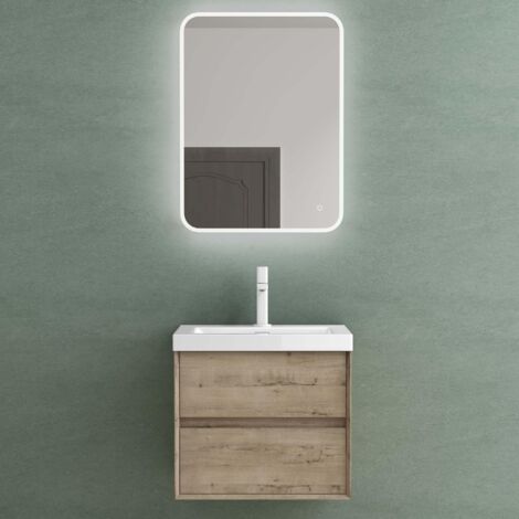 Mai & Mai Badmöbelset Badezimmermöbel Waschbeckenunterschrank 2 Schubladen mit Soft-Close inkl. Waschbecken aus Mineralguss und LED-Badspiegel Eiche Greige 60 cm Rimo