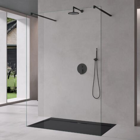 Mai & Mai Box Doccia Walk-In 110x200cm, Parete Doccia in Vetro Trasparente 8mm Vetro di Sicurezza ESG con 2 Bracci Sostegni Telescopici MMBR3 Nero