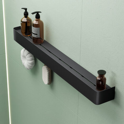 Mai & Mai Duschablage zum Bohren oder Kleben, Duschregal mit Haken, Badablage zur Wandmontage 80cm, Badezimmer Organizer Sandschwarz Reglo-05
