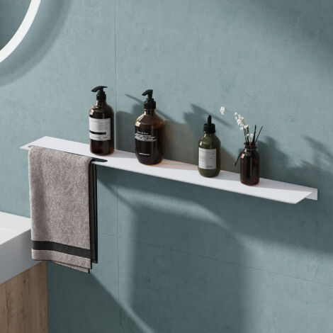 Mai & Mai Étagère Murale de Rangement en Aluminium Porte-Serviettes au Mur Support Rangement à Poser à Susprendre pour Salle de Bain Cuisine Blanc Mat 80×12,5×3,2 CM Reglo-06