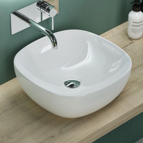 Mai & Mai Lavabo da Appoggio 40,5x40,5x14cm, Lavandino Bagno Brüssel104 in Ceramica con Nano Rivestimenti inclusi, Bianco