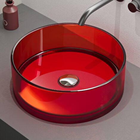 Mai & Mai Lavabo da Appoggio in Resina 40x40x14cm, Lavabo da Bagno Rotondo senza Foro Rubinetto e Troppopieno, Rosso, Coloria01
