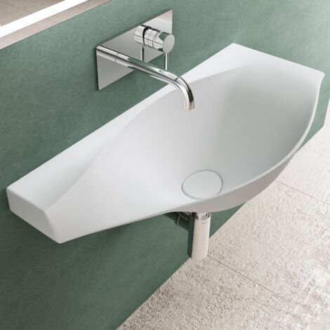 Mai & Mai Lavabo Suspendu Blanc Mat 80x37x22cm en Résine Vasque Suspendue avec Cache Bonde Col816