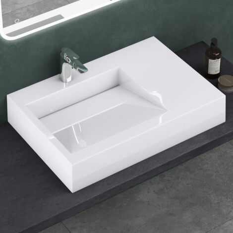 Mai & Mai Lavabo Suspendu Blanc Vasque à Poser avec Partie Rangement Lave Mains Rectangulaire Col11 75x50x13cm