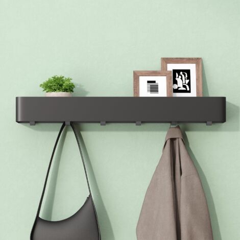 Mai & Mai Mensola con Attaccapanni da Parete Nascosti, Mensola in Metallo Rimovibile con Ganci per Ingresso, Camera da Letto, Bagno e Soggiorno, 60cm, Nero Sabbia, Reglo-05
