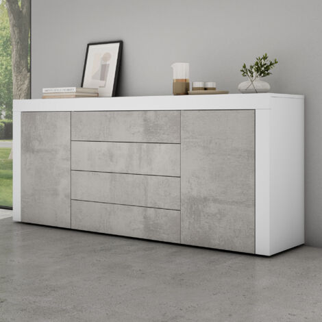 Mai & Mai Meuble de Rangement avec 2 Portes et 4 Tiroirs Casier de Rangement Polyvalent Buffet Blanc Mat + Béton 167x36x70 cm SR03