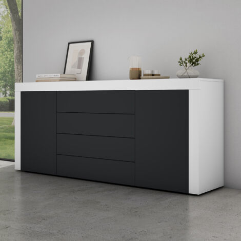 Mai & Mai Meuble de Rangement avec 2 Portes et 4 Tiroirs Casier de Rangement Polyvalent Buffet Blanc Mat + Gris Noir Mat 167x36x70 cm SR03