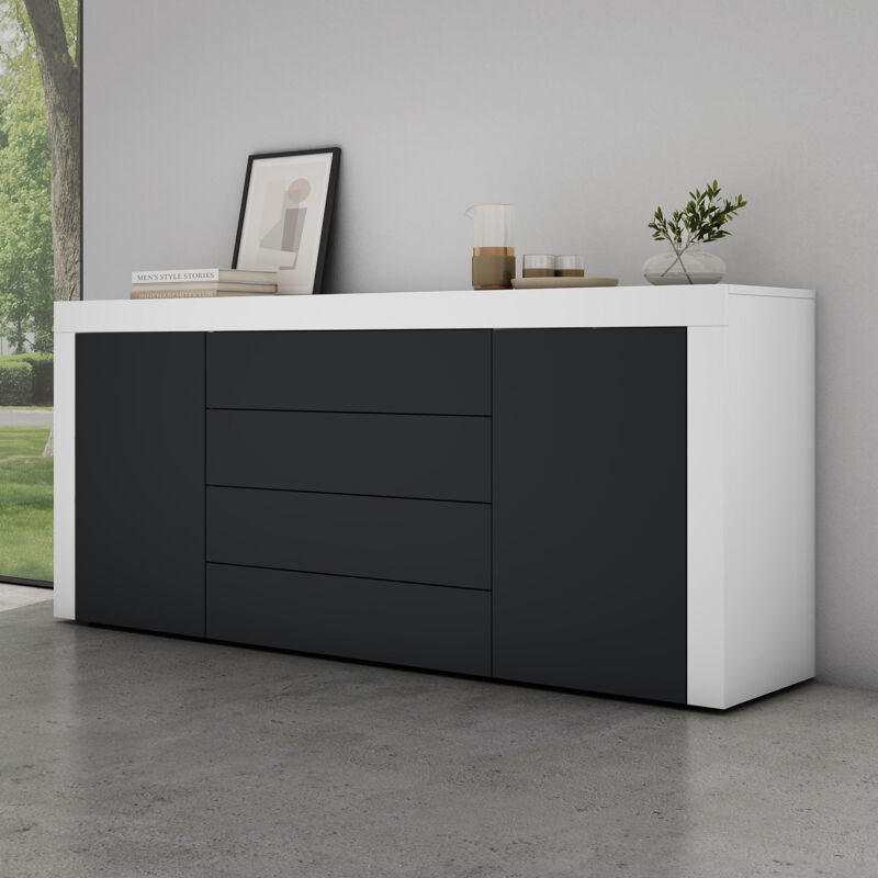 Mai&mai - Meuble de Rangement avec 2 Portes et 4 Tiroirs Casier de Rangement Polyvalent Buffet Blanc Mat + Gris Noir Mat 167x36x70 cm SR03