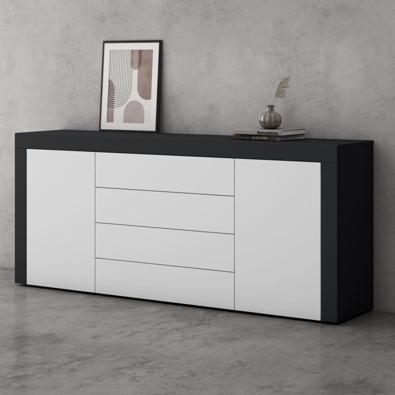 Mai & Mai – Meuble de rangement enfilade 2 portes 4 tiroirs – Dimensions 167x36x70 cm – Panneaux E1 écologiques – Design soft-close gris noir mat +