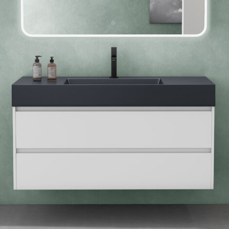 Mai & Mai Meuble de Salle de Bain 120x48x63cm Blanc avec Lavabo Gris Noir Meuble Suspendu avec 2 Tiroirs