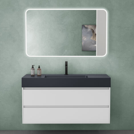 Mai & Mai Meuble de Salle de Bain 120x48x63cm Blanc avec Lavabo Gris Noir Meuble Suspendu avec 2 Tiroirs et Miroir