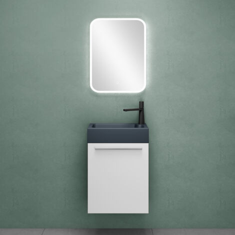 Mai & Mai Meuble de Salle de Bain Blanc mat 46cm Meubles de Salle de Bain Suspendu avec Lavabo Gris-noir Mat et Miroir Pisa