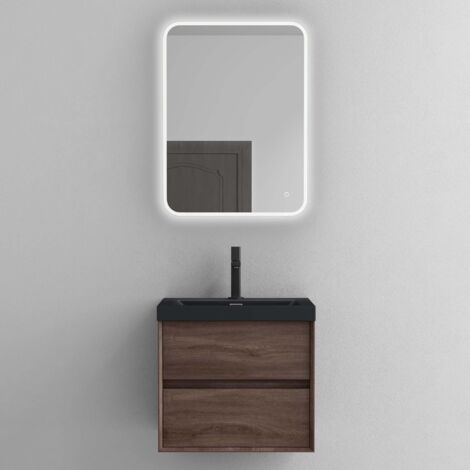 Mai & Mai Meuble de Salle de Bain Chêne avec Lavabo Anthracite Mat et Miroir Meuble sous Vasque 60x48x55cm Meuble Suspendu avec 2 Tiroirs Rimo