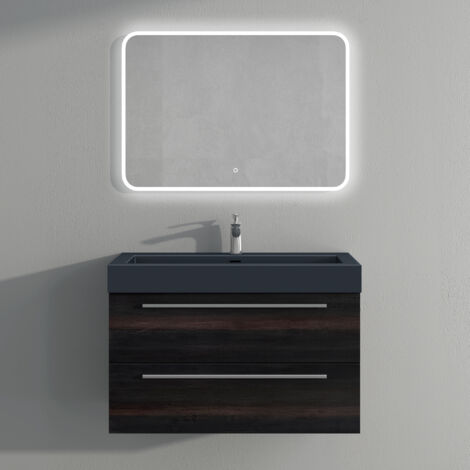Mai & Mai Meuble de Salle de Bain Gris Foncé 90cm Meuble sous Vasque Quadratto Meuble Suspendu avec Vasque et Miroir