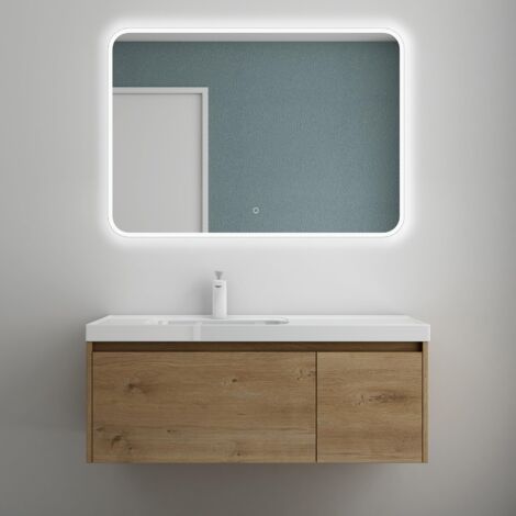 Mai & Mai Meuble de Salle de Bain Marron Clair avec Lavabo et Miroir Meuble sous Vasque 100x50x40cm Meuble Suspendu avec Tiroir Salerno