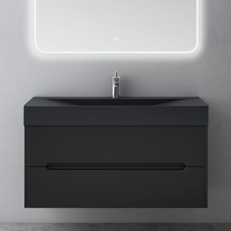Mai & Mai Meuble de Salle de Bain Suspendu 100x56x48cm avec 2 Tiroirs et Lavabo Meuble Sous Lavabo Noir Mat Yoga-Lackier