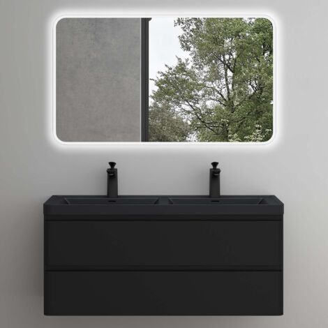 Mai & Mai Meuble de Salle de Bain Suspendu 120x48x55cm avec 2 Tiroirs et Lavabo et Miroir Meuble Sous Lavabo Noir Mat Lucca