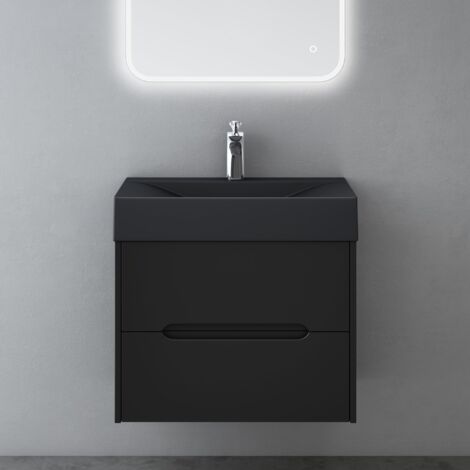 Mai & Mai Meuble de Salle de Bain Suspendu 60x56x48cm avec 2 Tiroirs et Lavabo Meuble Sous Lavabo Noir Mat Yoga-Lackier