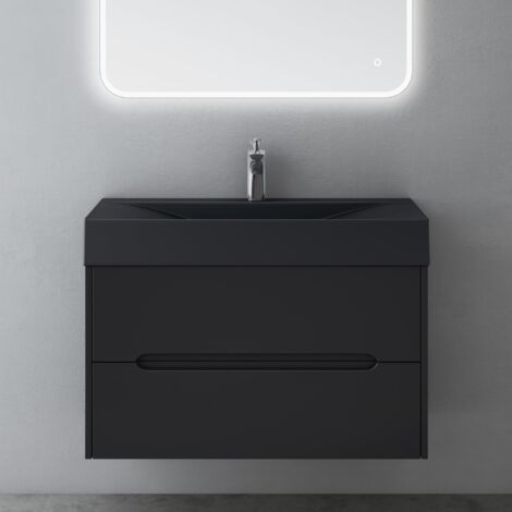 Mai & Mai Meuble de Salle de Bain Suspendu 80x56x48cm avec 2 Tiroirs et Lavabo Meuble Sous Lavabo Noir Mat Yoga-Lackier