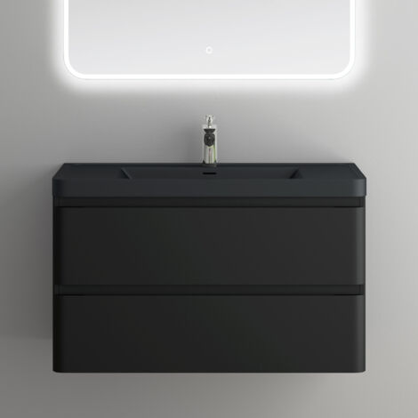 Mai & Mai Meuble de Salle de Bain Suspendu 90x48x55cm avec 2 Tiroirs et Lavabo Meuble Sous Lavabo Noir Mat Lucca