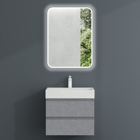 Mai & Mai Meuble sous Lavabo Argent Meubles de Salle de Bain 60x38x56cm Meuble Suspendu avec 2 Tiroirs + Lavabo + Bonde + Miroir Verona