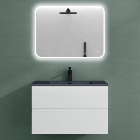 Mai & Mai Meuble sous Lavabo Blanc Mat Ensemble de Meubles de Salle de Bains 80x48x50cm Meuble Suspendu avec 2 Tiroirs + Lavabo + Miroir LED sans Robinet Aqu