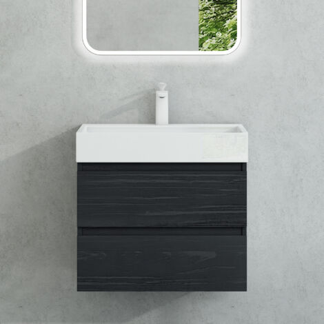 Mai & Mai Meuble sous Lavabo Bois de Soie Noir Meubles de Salle de Bain 60x38x56cm Meuble Suspendu avec 2 Tiroirs + Lavabo + Bonde Verona