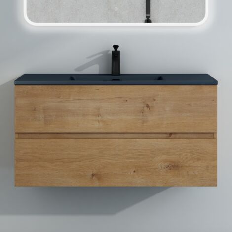 Mai & Mai Meuble sous Lavabo Marron Clair Ensemble de Meubles de Salle de Bains 100x48x50cm Meuble Suspendu avec 2 Tiroirs + Lavabo sans Robinet Design Aqu