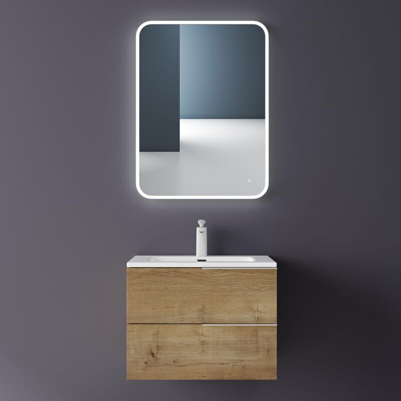 Mai&mai - Meuble sous Lavabo Marron Clair Meubles de Salle de Bain Meuble Suspendu 60cm avec 2 Tiroirs + Lavabo+ Miroir Paestum