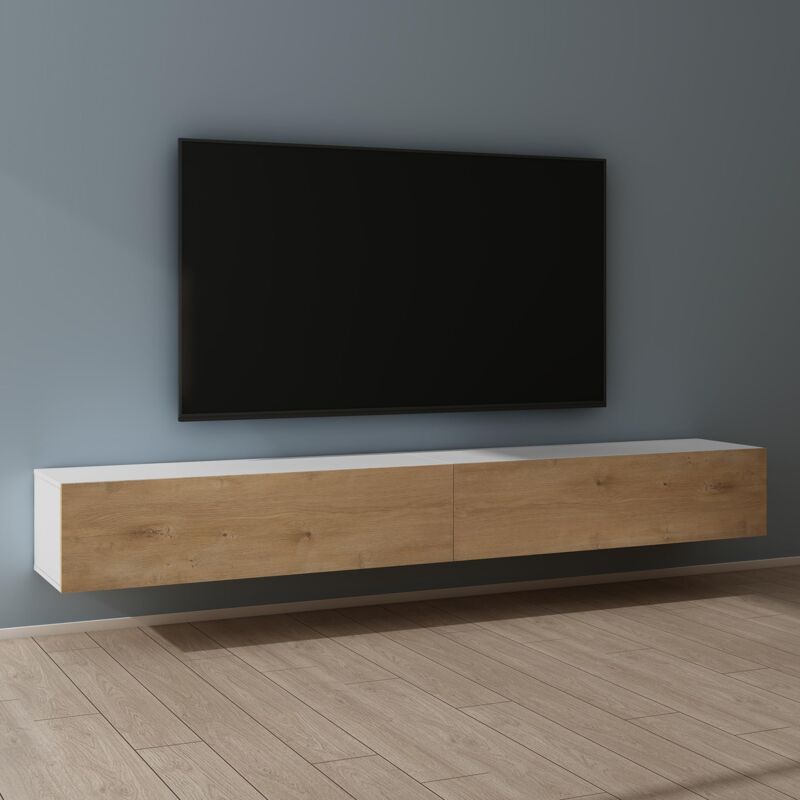 Mai & Mai – Meuble TV suspendu blanc mat et marron clair – Dimensions 240x40,2x30 cm – Matériaux écologiques – Soft-Close et montage mural - TC002